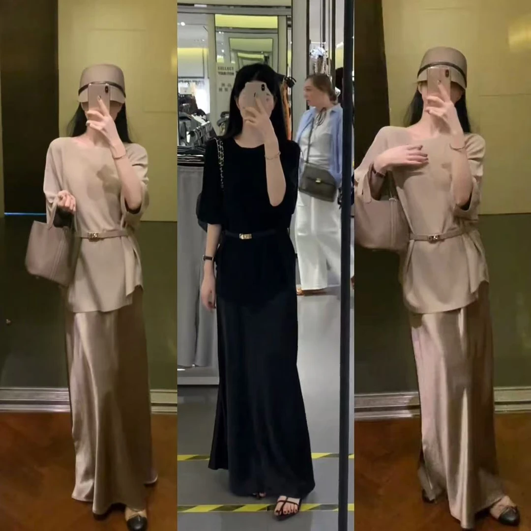 高品质圆领冰丝宽松上衣（配腰带）+高腰开叉高级显瘦半身裙套装