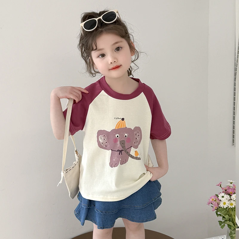 女小童短袖T恤夏装2025新款韩版卡通上衣女宝宝洋气时髦撞色T恤