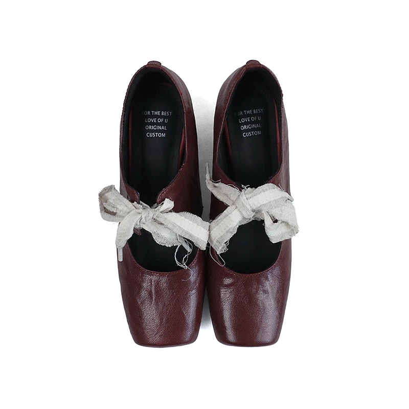 系带方头粗跟绑带复古舒适单鞋