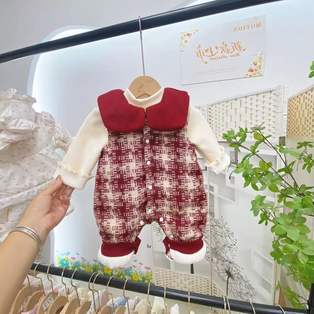 秋冬新款女宝宝套装连体衣加绒冬韩版公主棉服小香风套装礼服冬季