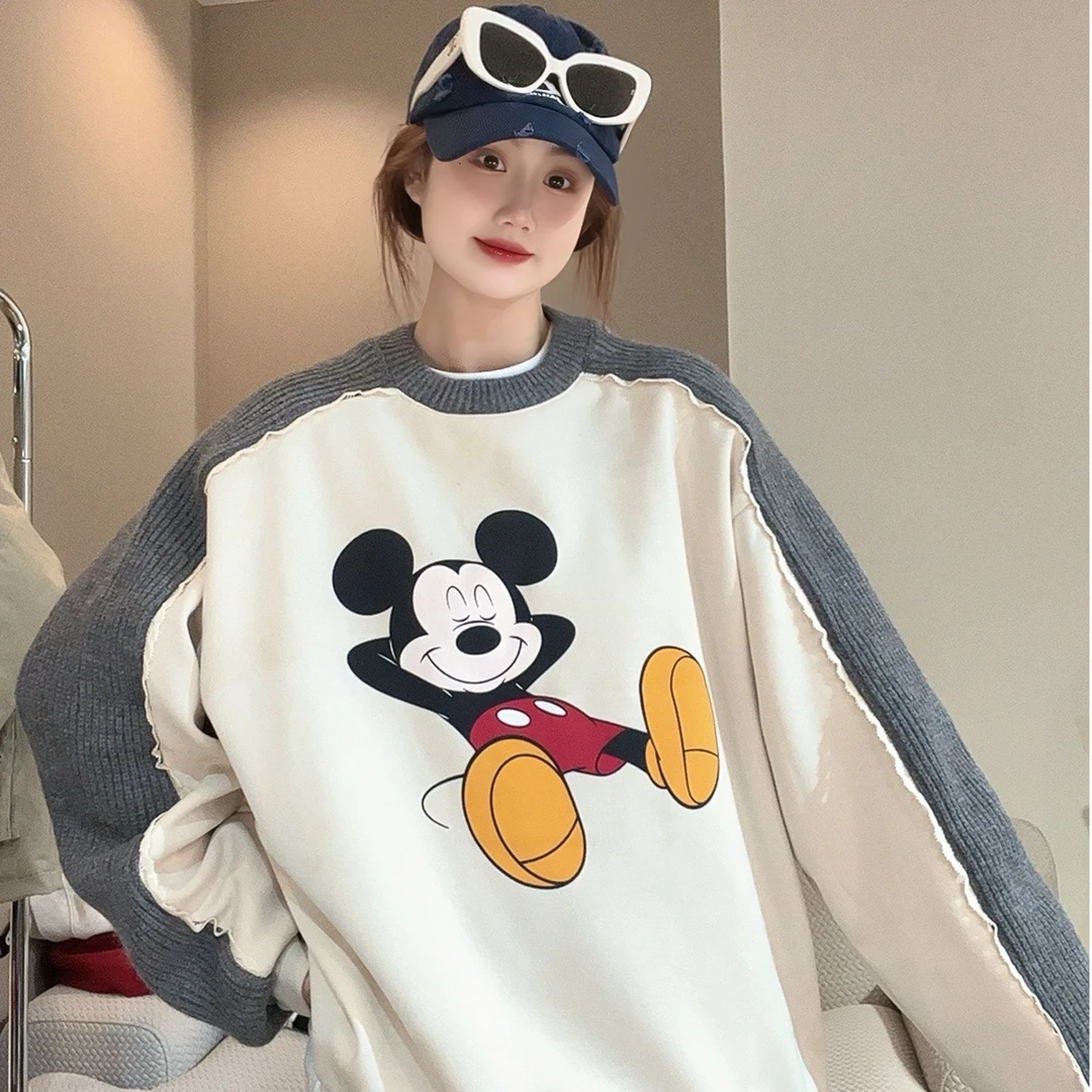 【FANG方方】新款韩版东大门卡通米奇印花拼接花边重工毛织袖卫衣