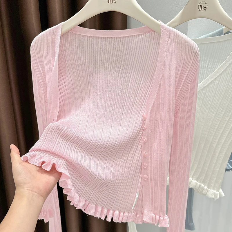粉色V领修身针织开衫女木耳边长袖冰丝凉感防晒配裙子外搭短外套