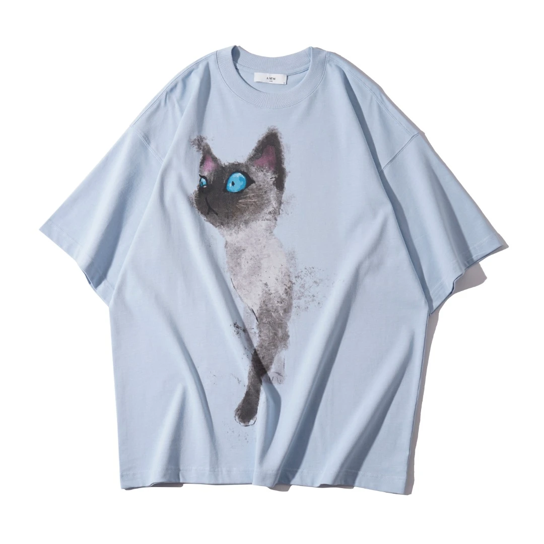 240克 原创猫咪印花设计款休闲宽松圆领短袖T恤 2090