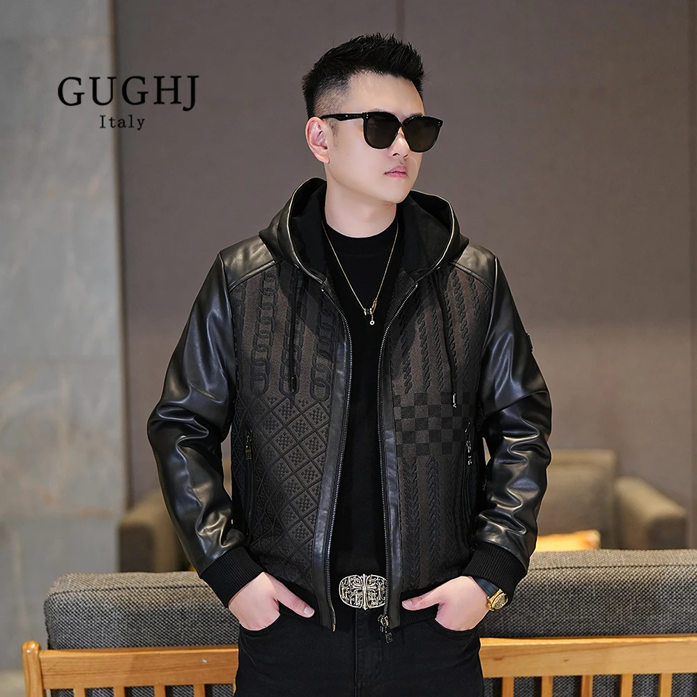 男士秋冬新款立体色织提花拼皮夹克潮流休闲百搭轻奢短款连帽外套