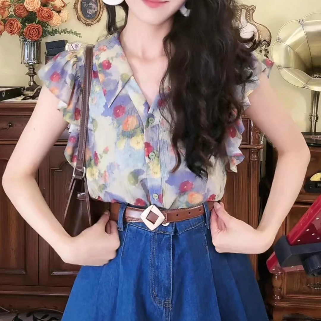 碎花复古港风POLO领时尚洋气衬衫2025夏季不起球印花衬衣复古油画