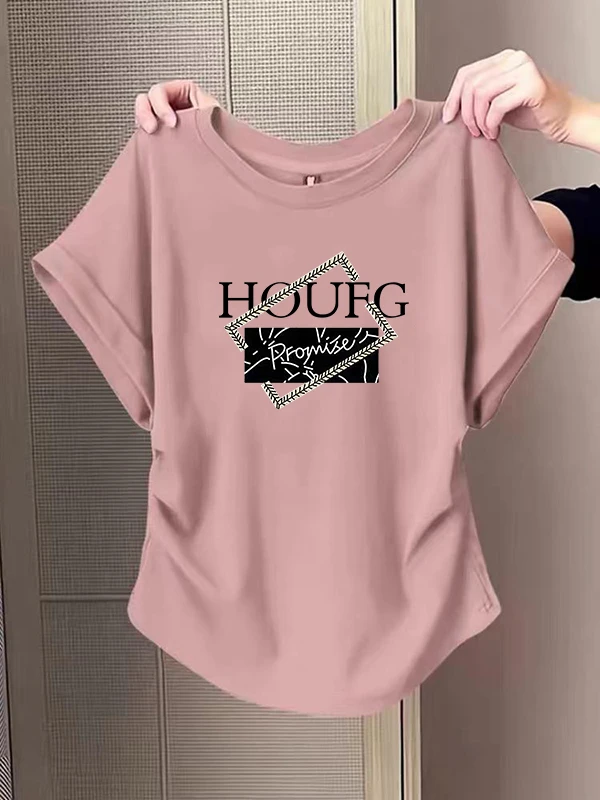 2025新款收腰显瘦正肩短袖t恤女夏季小飞袖褶皱修身上衣打底衫潮