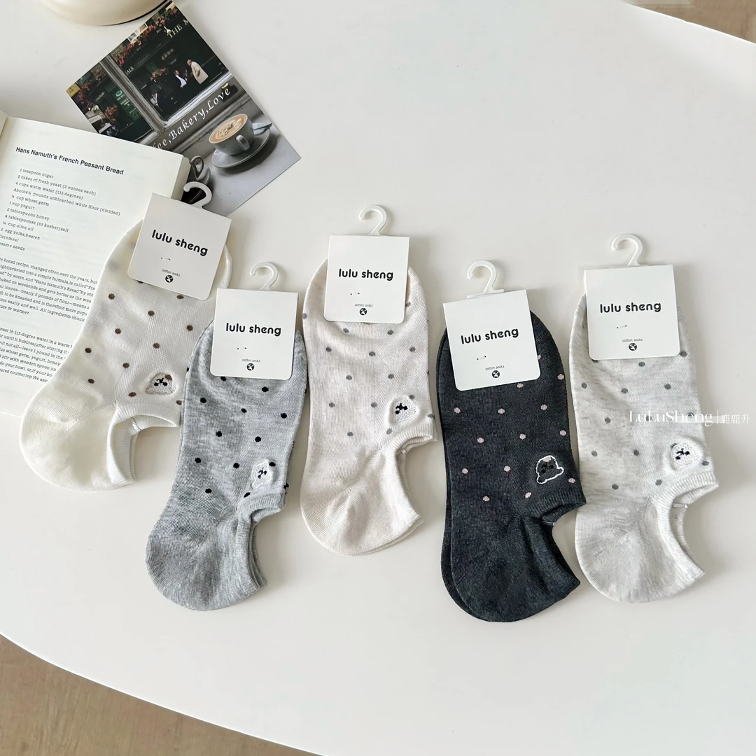 短袜女春夏薄款简约纯色条纹刺绣烫印不掉跟百搭透气船袜大跟袜
