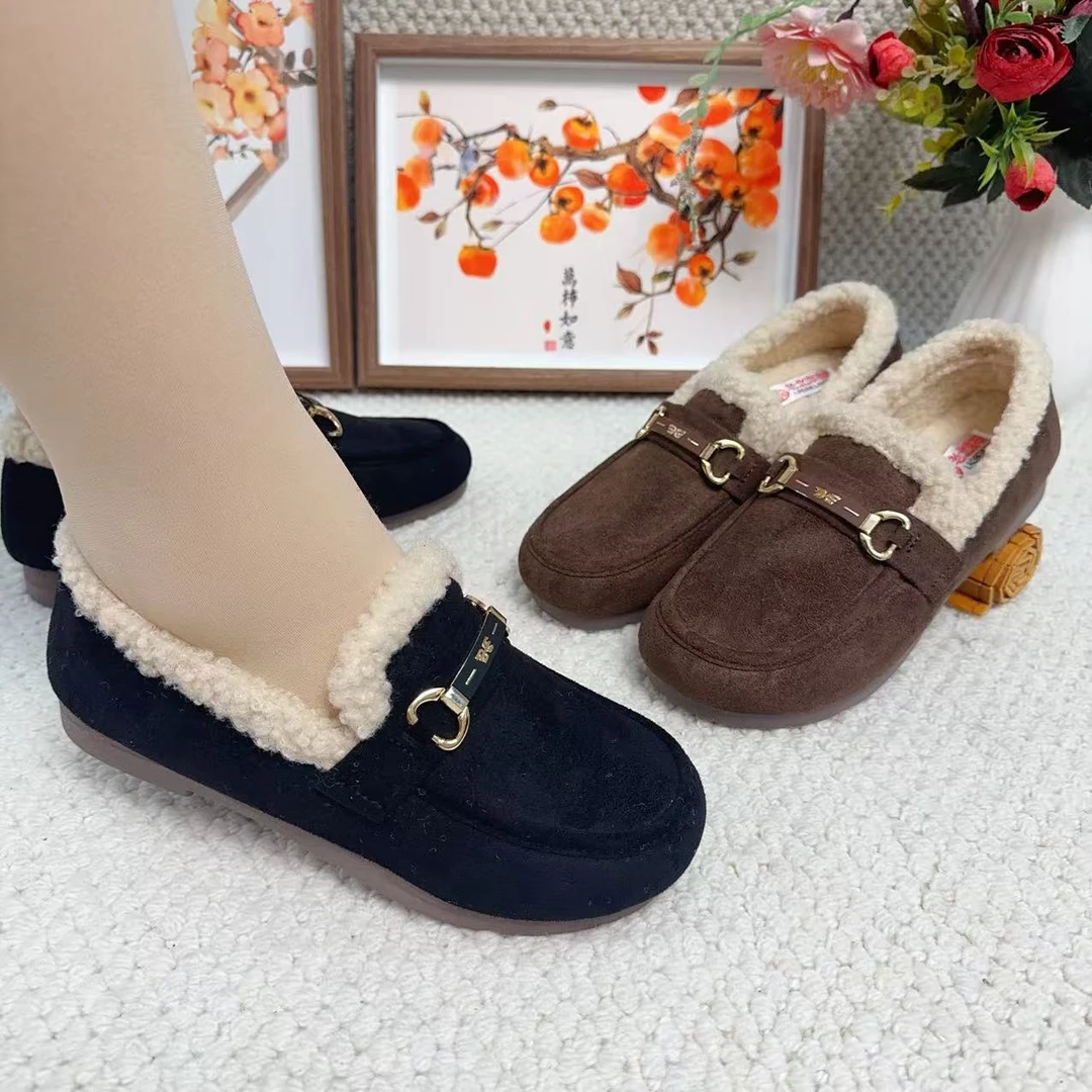 冬季新款加绒保暖防滑棉鞋女一脚蹬懒人休闲豆豆鞋老北京妈妈鞋