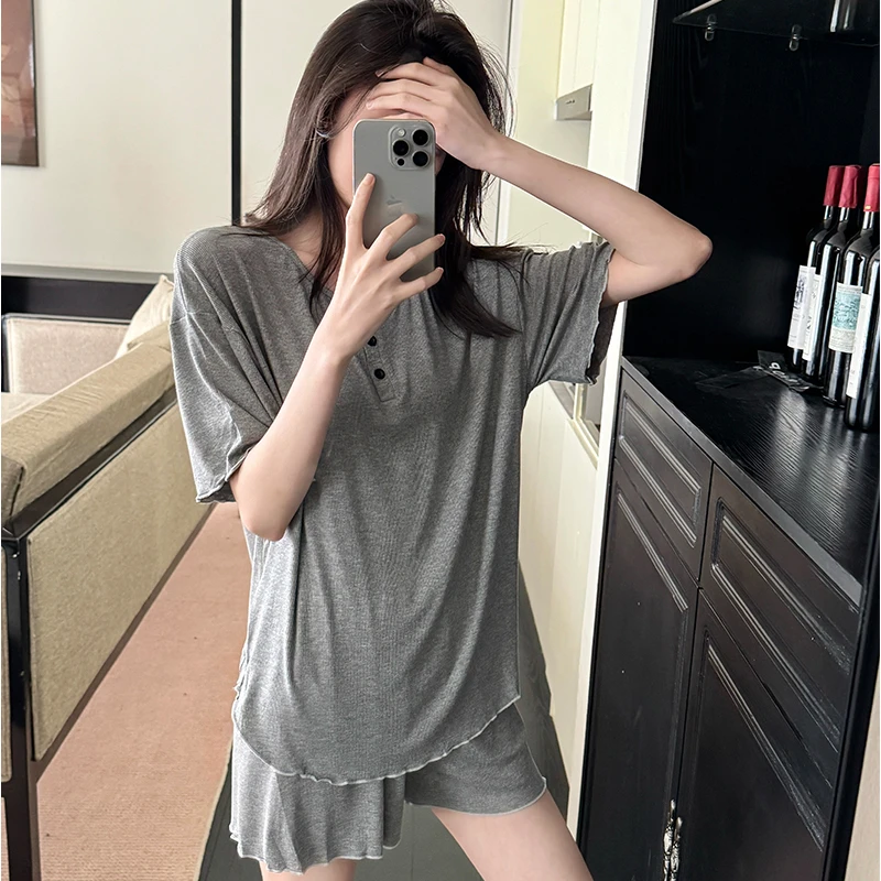 睡衣女夏季短袖软糯慵懒风薄款套装简约时尚宽松大码可外穿家居服