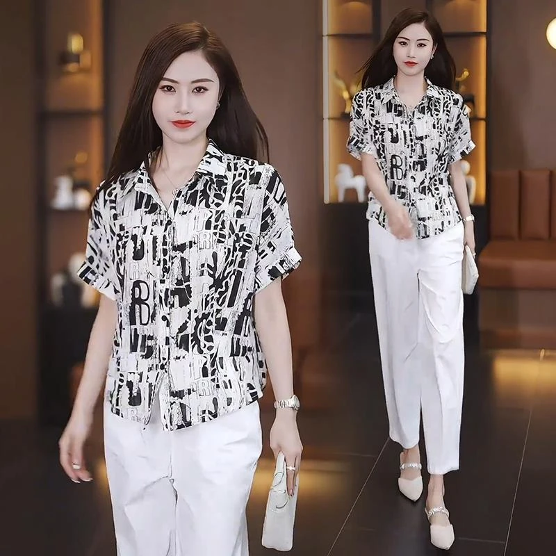 短袖新款衬衫女2025夏季新款遮肚显瘦印花衬衣大码女装减龄上衣潮