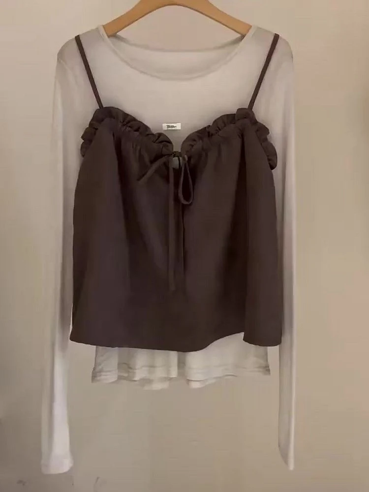 2025秋季新款吊带背心无袖罩衫超辣小上衣大码长袖上衣套装两件套