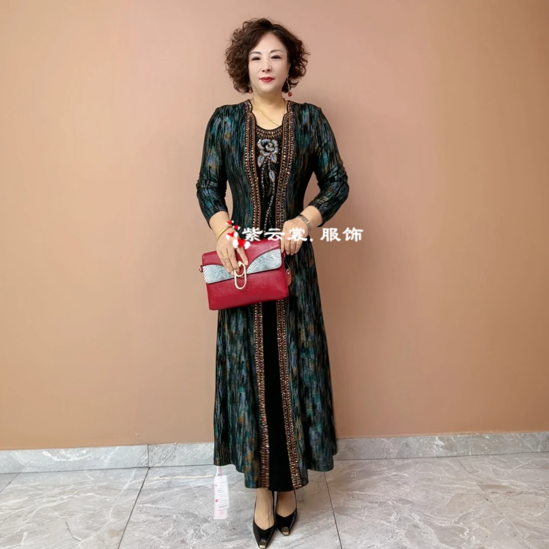 高端年轻妈妈秋装长袖弹力收腰显瘦轻奢南韩丝遮肚气质长款连衣裙