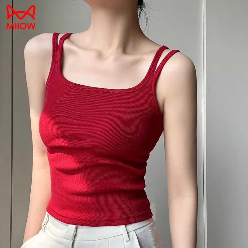 猫人红色高级感双肩带小吊带胸垫女夏季打底短款美背背心内搭外穿