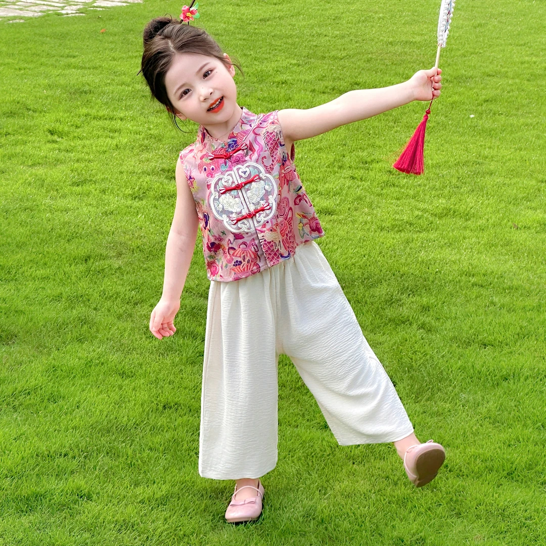 汉服女童套装2025新款女宝夏季锦鲤刺绣新中式两件套儿童国风穿搭