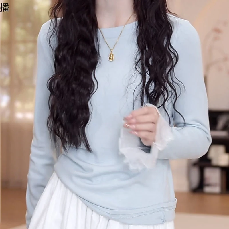 春夏设计感纯色蕾丝花边袖时尚长袖T恤女百搭气质显瘦打底衫上衣