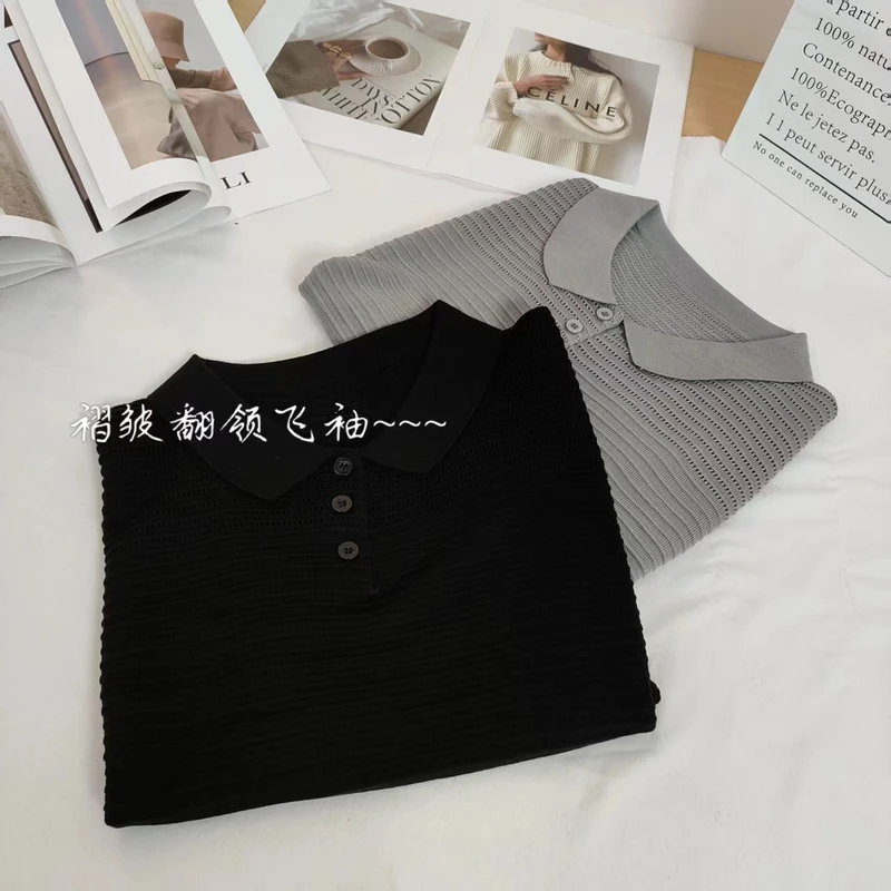 【晴晴精选】夏季时尚百搭气质纯色POLO领镂空飞袖针织衫A118#