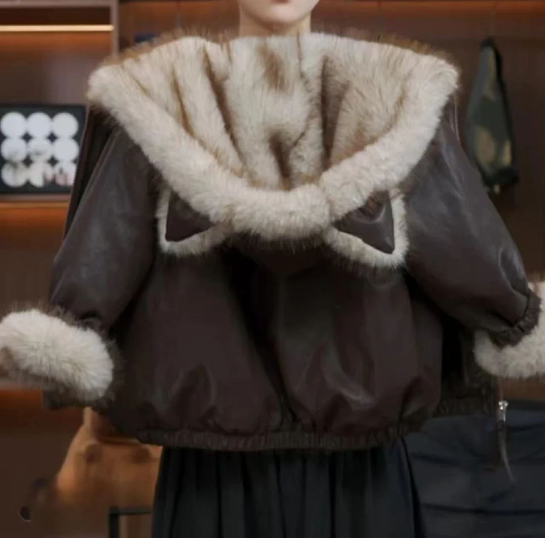 （猫耳朵）兄妹冬季双面穿皮衣外套2025新款女大童加绒加厚仿皮草