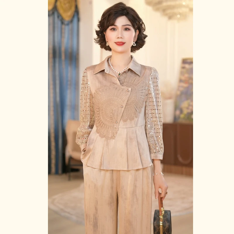 中年妈妈装春夏时尚套装2025新款洋气质中老年女装长袖小衫两件套