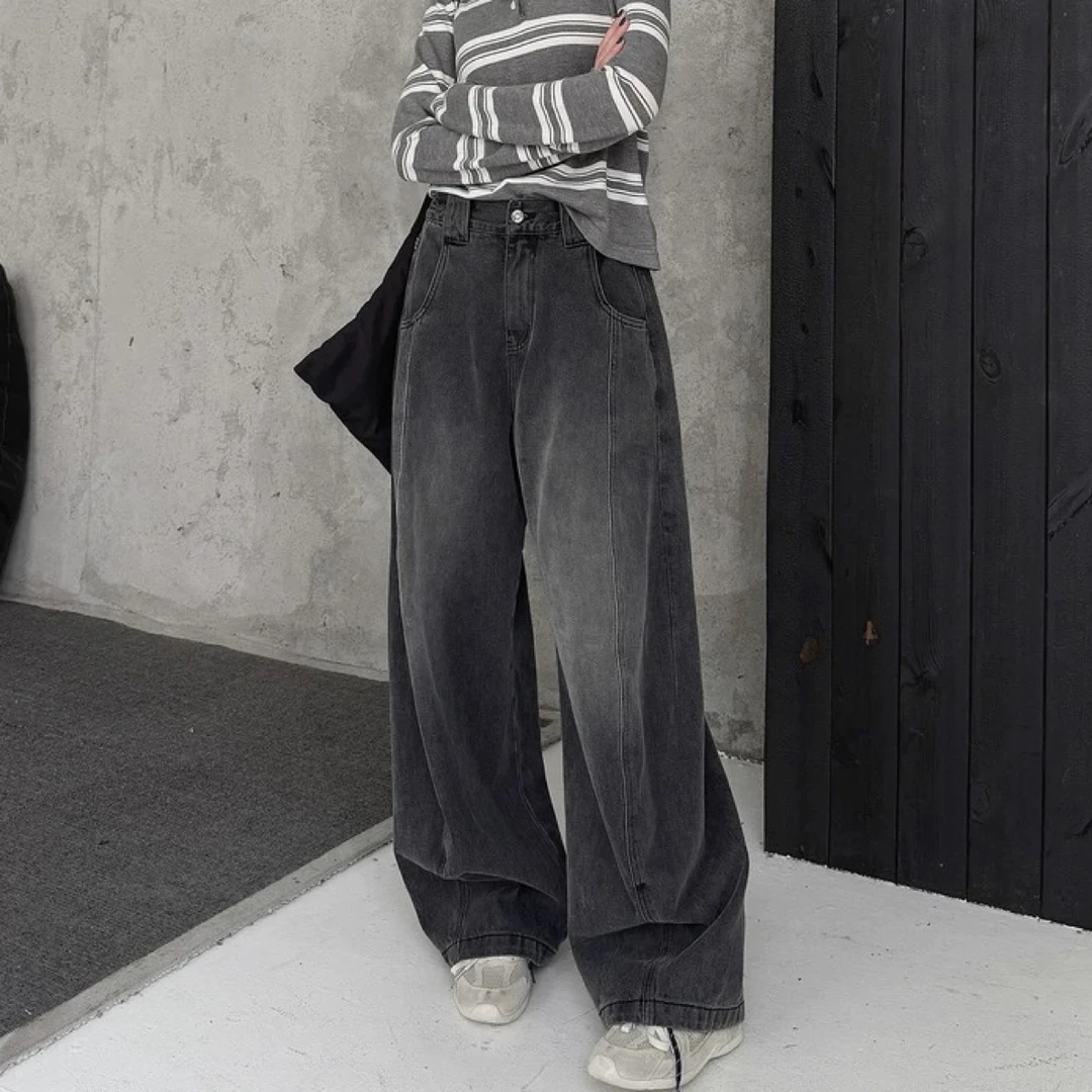 2025新百搭显瘦黑灰色宽腿弯刀裤666