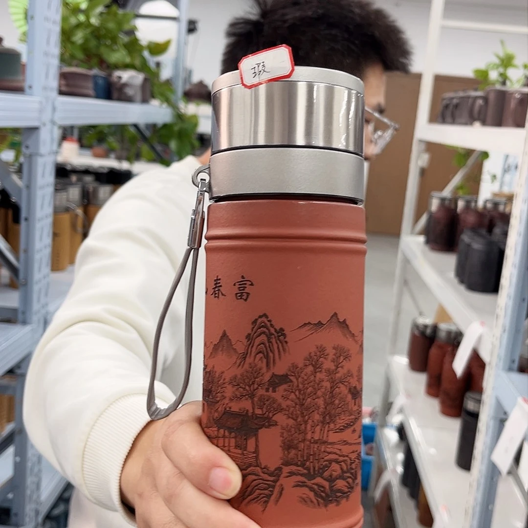 茶杯紫砂富川山居图微瑕银色弹盖