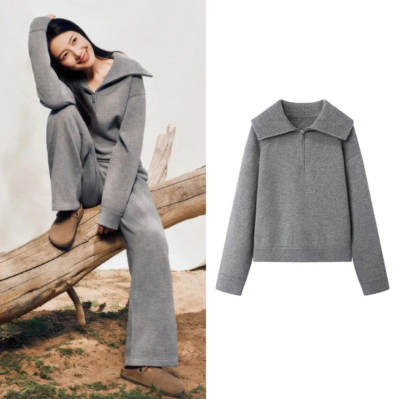 U1125【ED】高圆圆同款2024年冬季新款半拉链美丽诺羊毛毛织卫衣女
