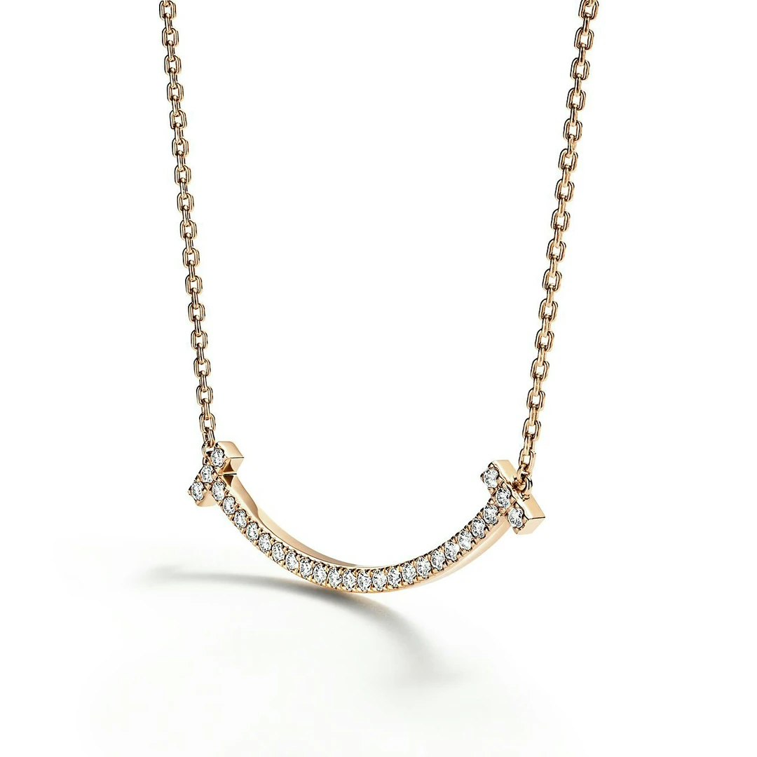 99新 Tiffany & Co./蒂芙尼 22年全套/黄金满钻宽版笑脸项链