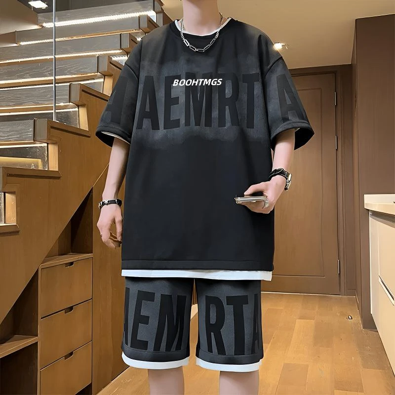 2024男士夏装套装时尚百搭休闲运动短袖短裤青少年宽松潮流套装男