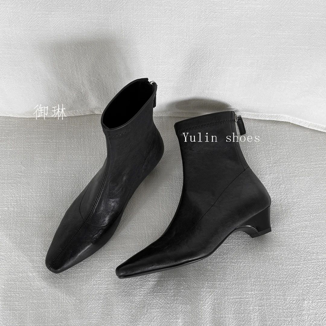 4cm-韩风姐姐~极简主义瘦瘦靴时装靴方头百搭尖头弹力靴秋冬单靴