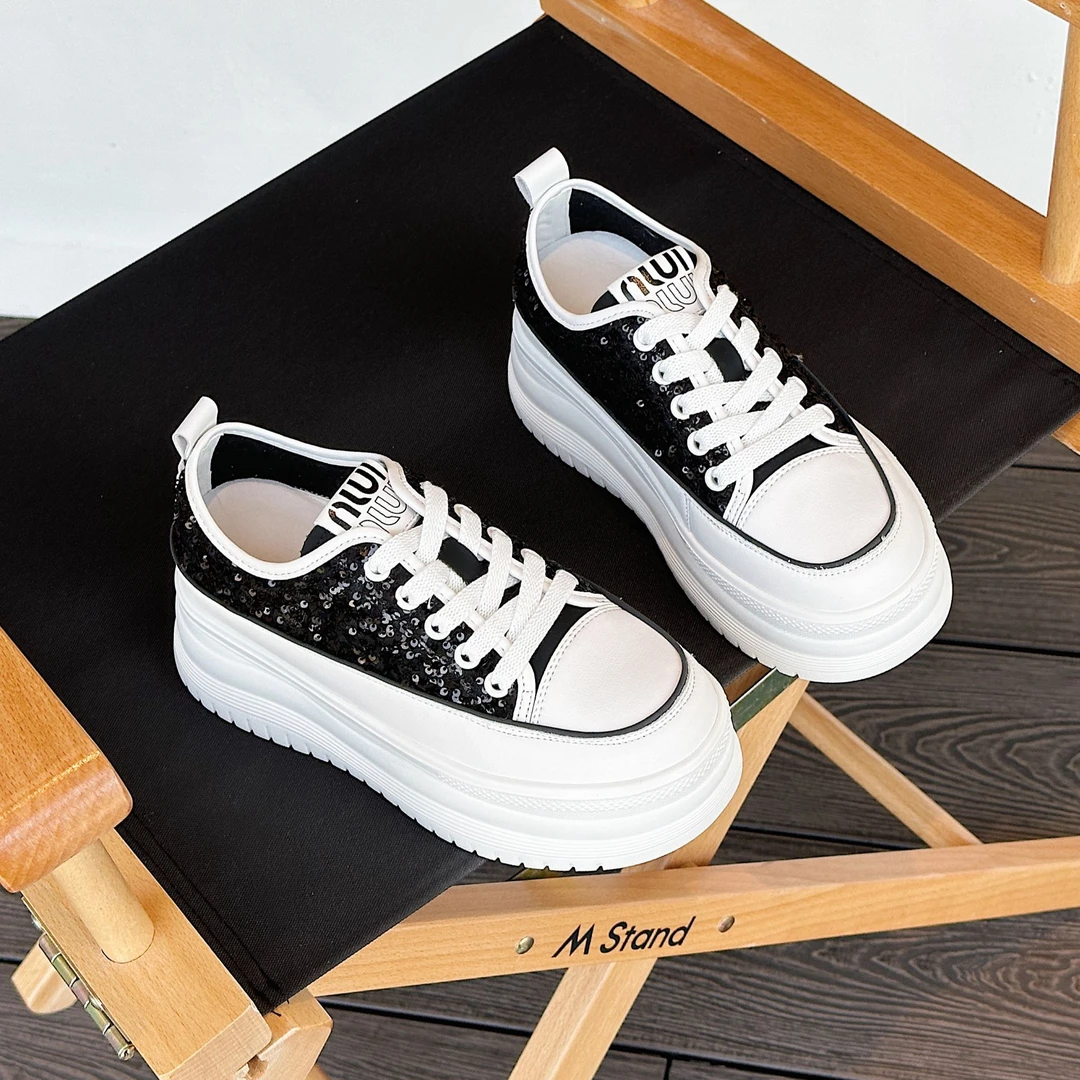 增高百搭小白鞋女透气松糕鞋闪亮珠片厚底休闲鞋刘浩存韩版84393
