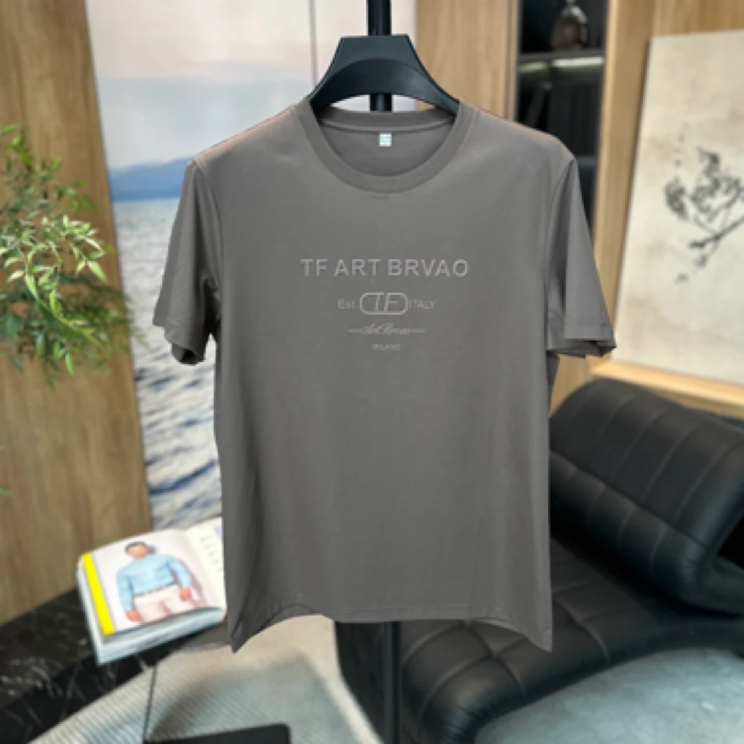 咖啡色男士时尚潮流高定百搭胶印圆领短袖T恤X205