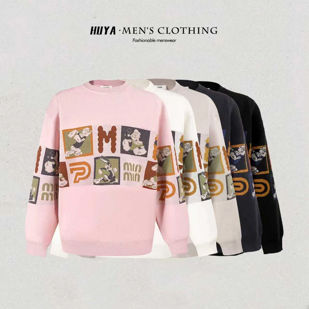 虎牙兄弟秋季卡通大力水手印花字母款情侣百搭休闲针织毛衣男9932