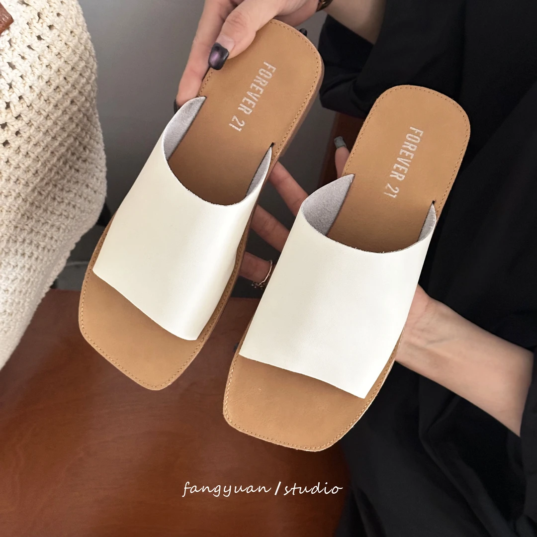 韩版舒适方头大牌露趾日常低跟跟一字带凉鞋凉拖鞋厚底夏季女鞋