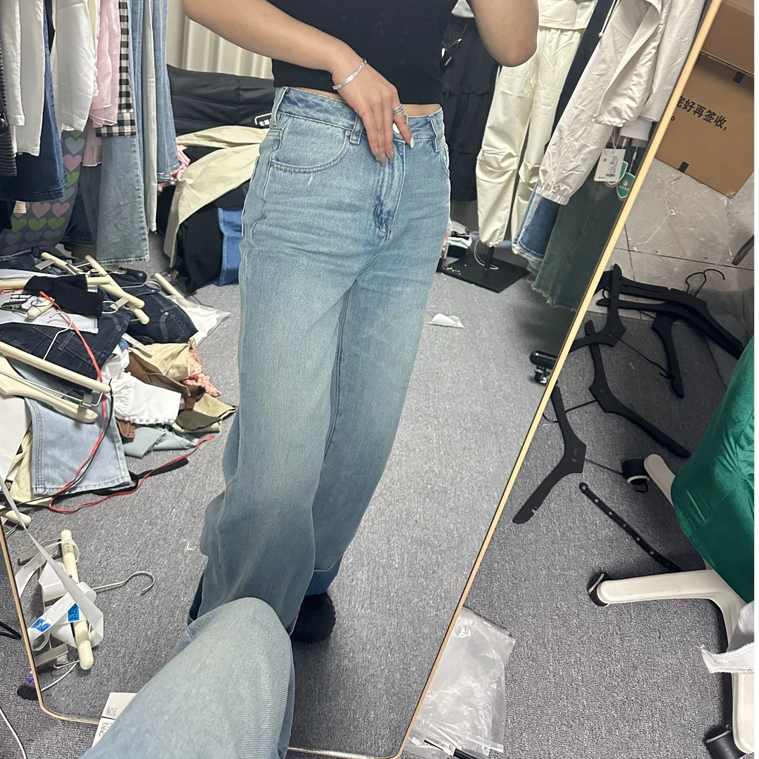 夏季百搭简约牛仔裤阔腿裤工装裤