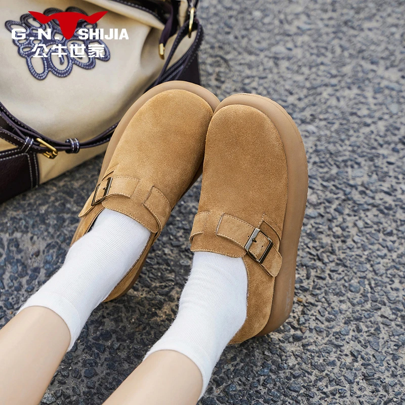 公牛世家女士舒适勃肯鞋轻便包头拖外穿懒人一脚蹬圆头百搭乐福鞋