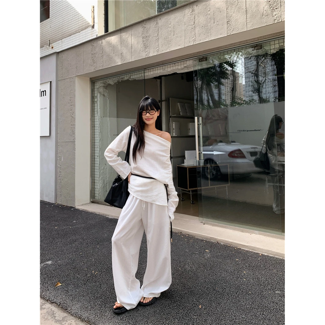 薄款棉麻不规则斜肩长袖恤女春季时尚套装休闲阔腿长裤子两件套