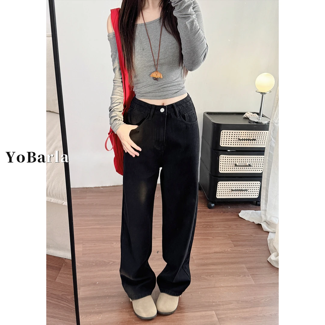 黑色阔腿牛仔裤女秋季新款梨形身材胖mm大码宽松显瘦窄版直筒裤子
