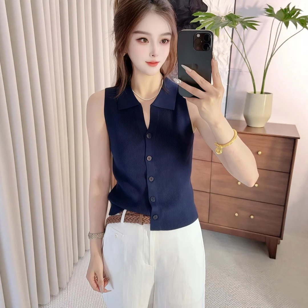 2025夏季新款女士Polo领针织无袖背心休闲开衫藏蓝色针织衫上衣服