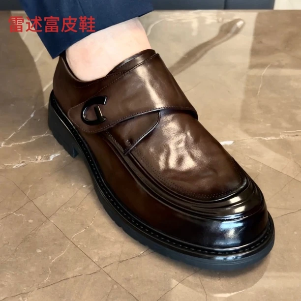 雷述富品牌男士透气舒适英伦风孟克鞋皮鞋头层牛皮休闲皮鞋纳帕纹