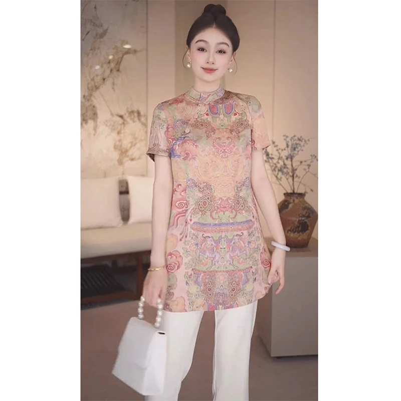 设计款小众百搭显瘦下摆开叉衬衫2025夏季新款新中式国风立领衬衣