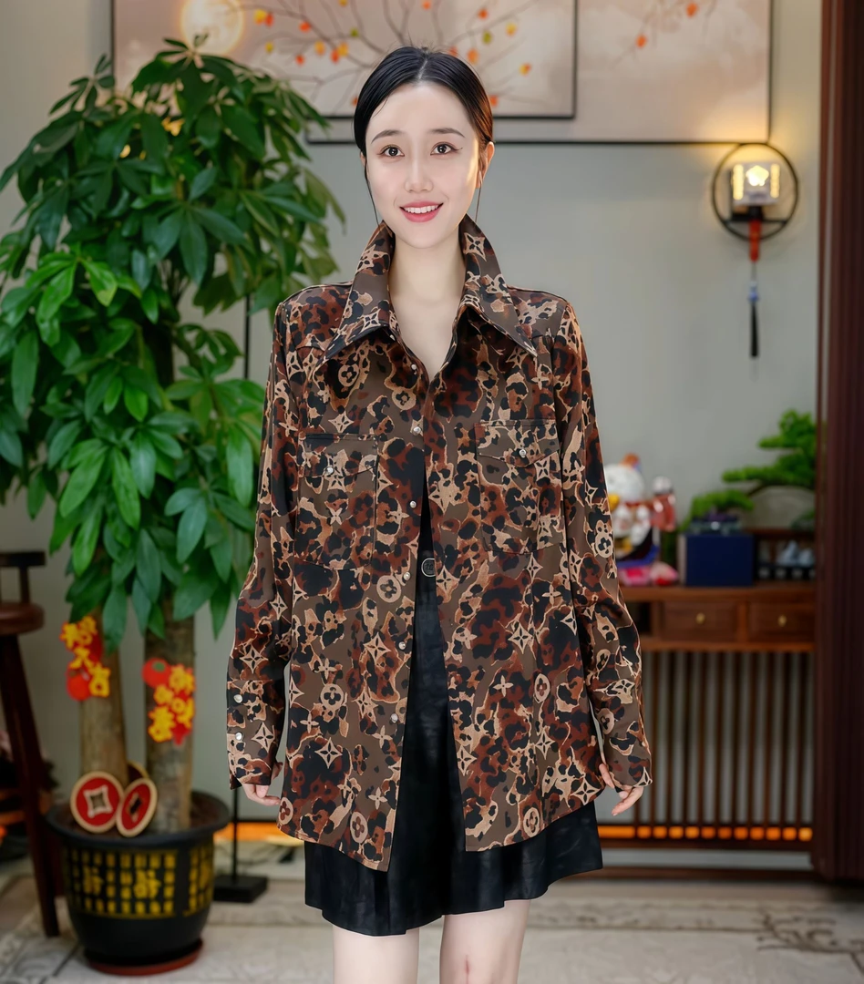 金禧禧【迷彩老花】香云纱黑胶皮子上衣J24034-6