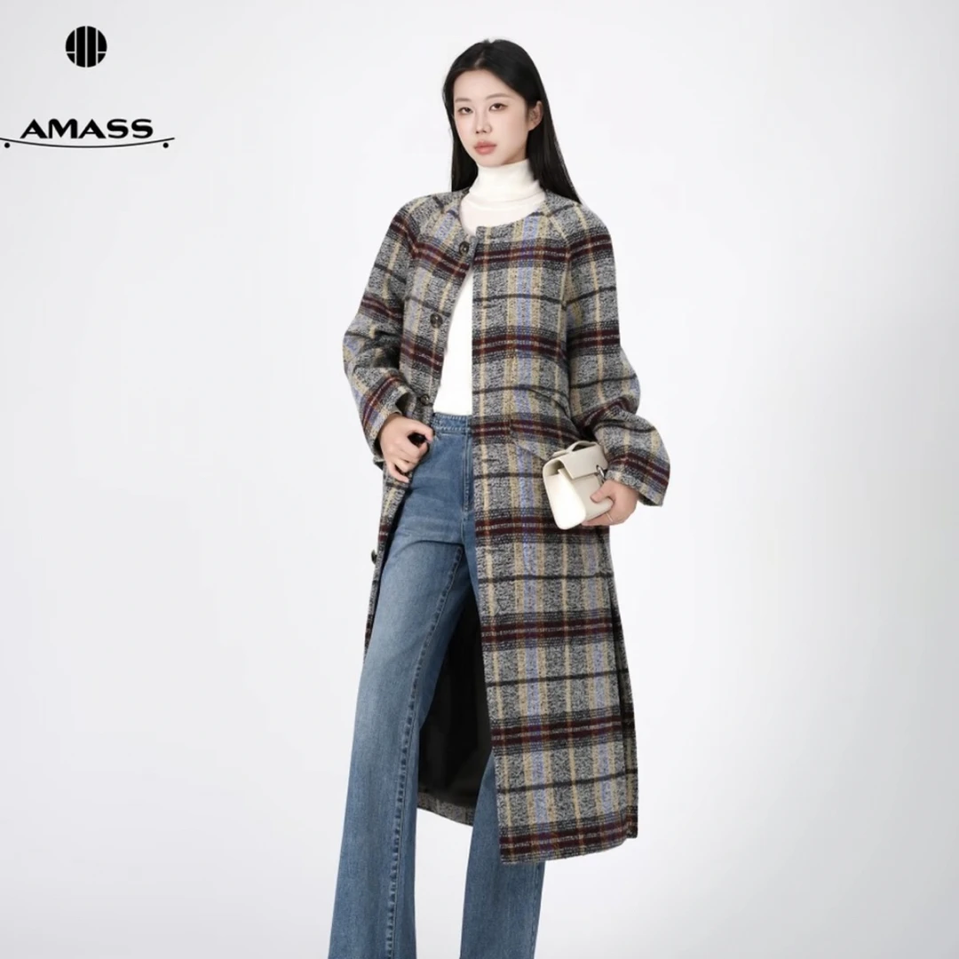 AMASS/阿玛施新款品质大衣百搭格纹绵羊毛外套女540093冬装氛围感
