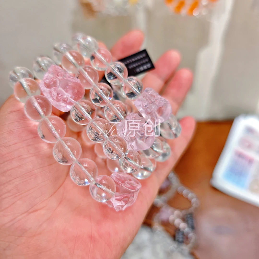 TC.原创设计天然白水晶粉水晶貔貅女生精美手串桃花招财身体健康