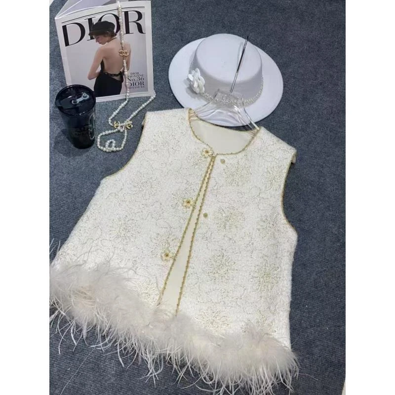 【深圳南油二姐】秋季新中式重工丝绒刺绣复古百搭毛边马甲6579