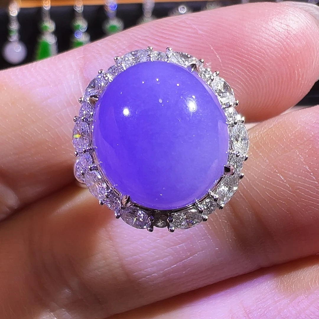 翡翠戒指18K金镶嵌浓紫蛋面戒指