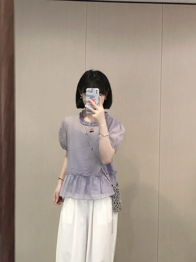 2025春夏新款韩系温柔风紫色花边娃娃衫木耳花边百搭休闲裤套装