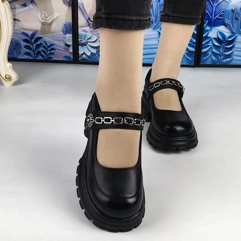 2025春夏新款厚底玛丽珍女浅口头层牛皮英伦风复古法式圆头小皮鞋