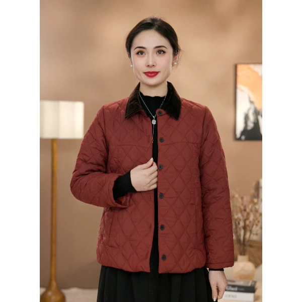 【涧蓝正品】春款轻薄款外套棉衣夹棉时尚衬衫领女显瘦打格菱格棉衣