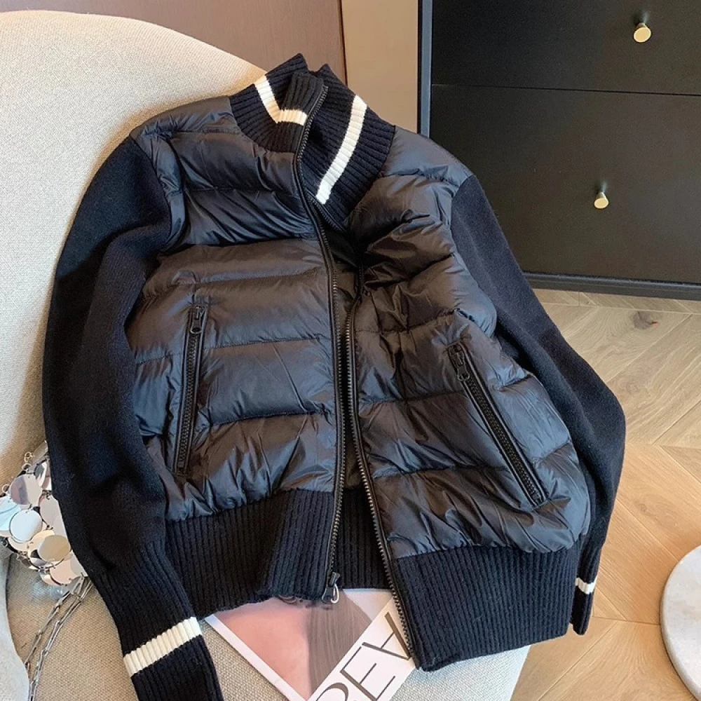 港风设计感撞色拼接针织立领棉服外套2025秋冬复古高级感轻薄棉衣