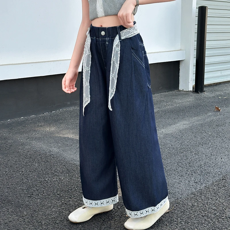 女童夏季牛仔裤2025新款休闲裤子中大童女孩薄款蕾丝腰带阔腿长裤