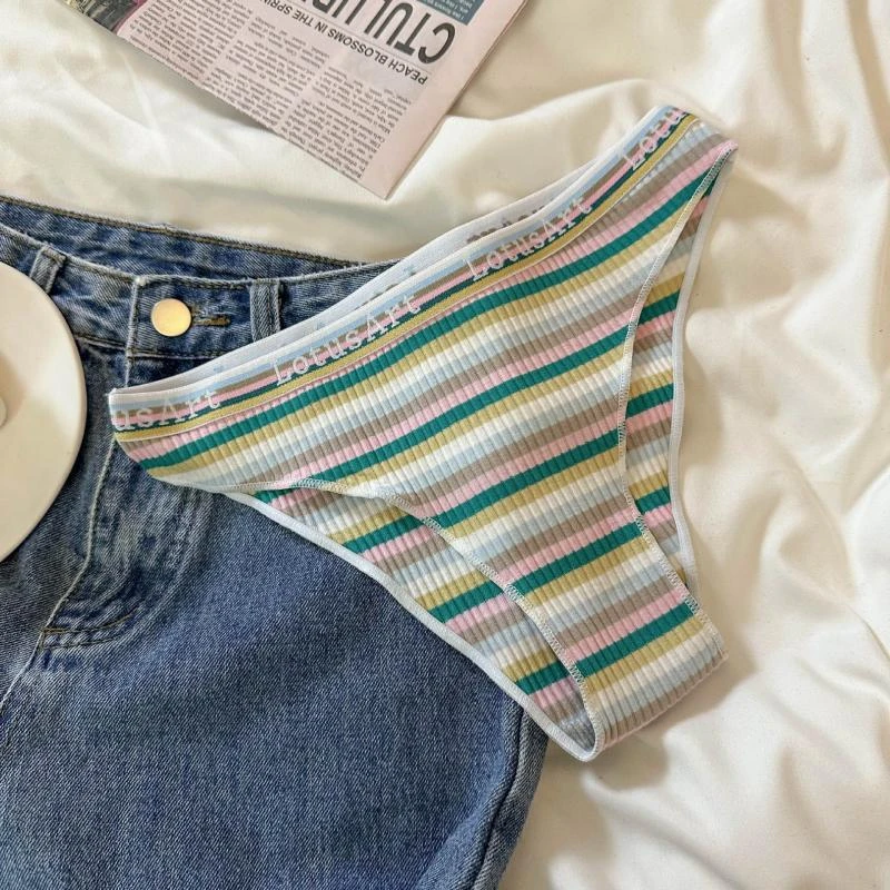 【甜辣霓虹】彩色螺纹内裤女士低腰透气性感三角裤女条纹撞色夏季